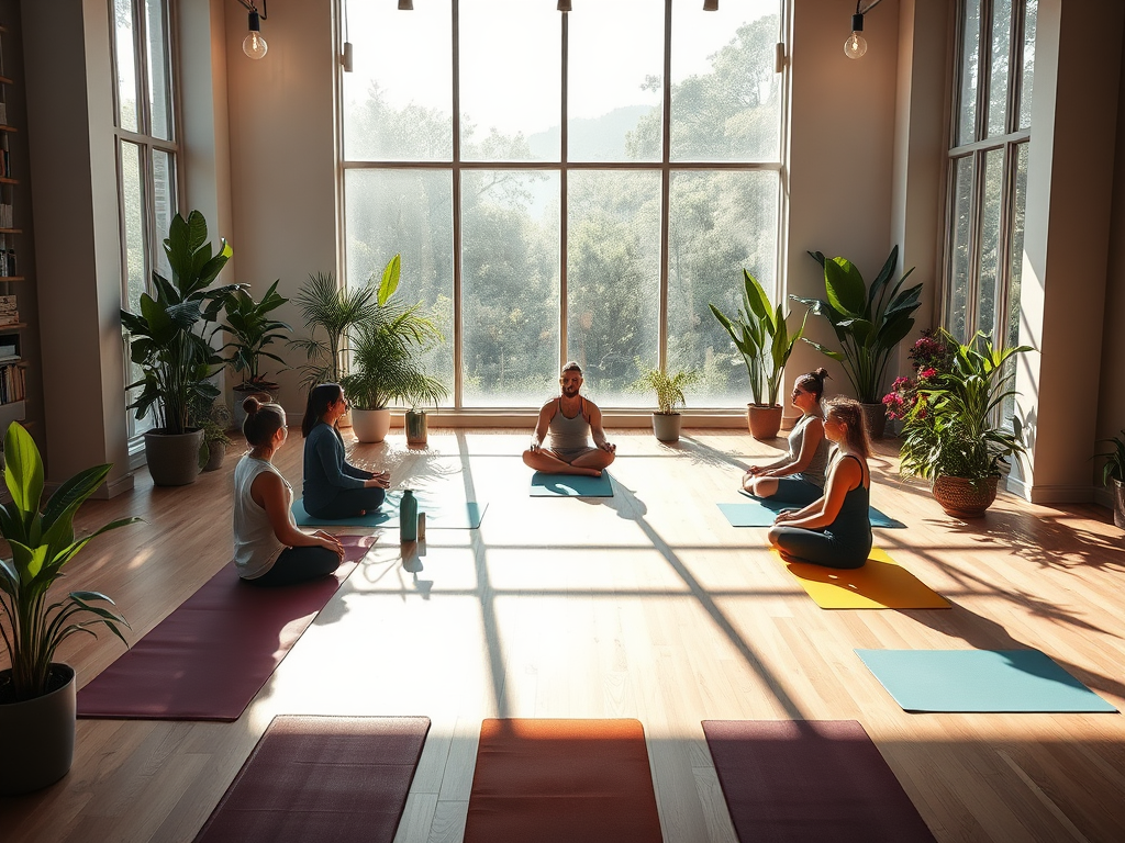 Een serene yogastudio met een groep die ademwerk beoefent.