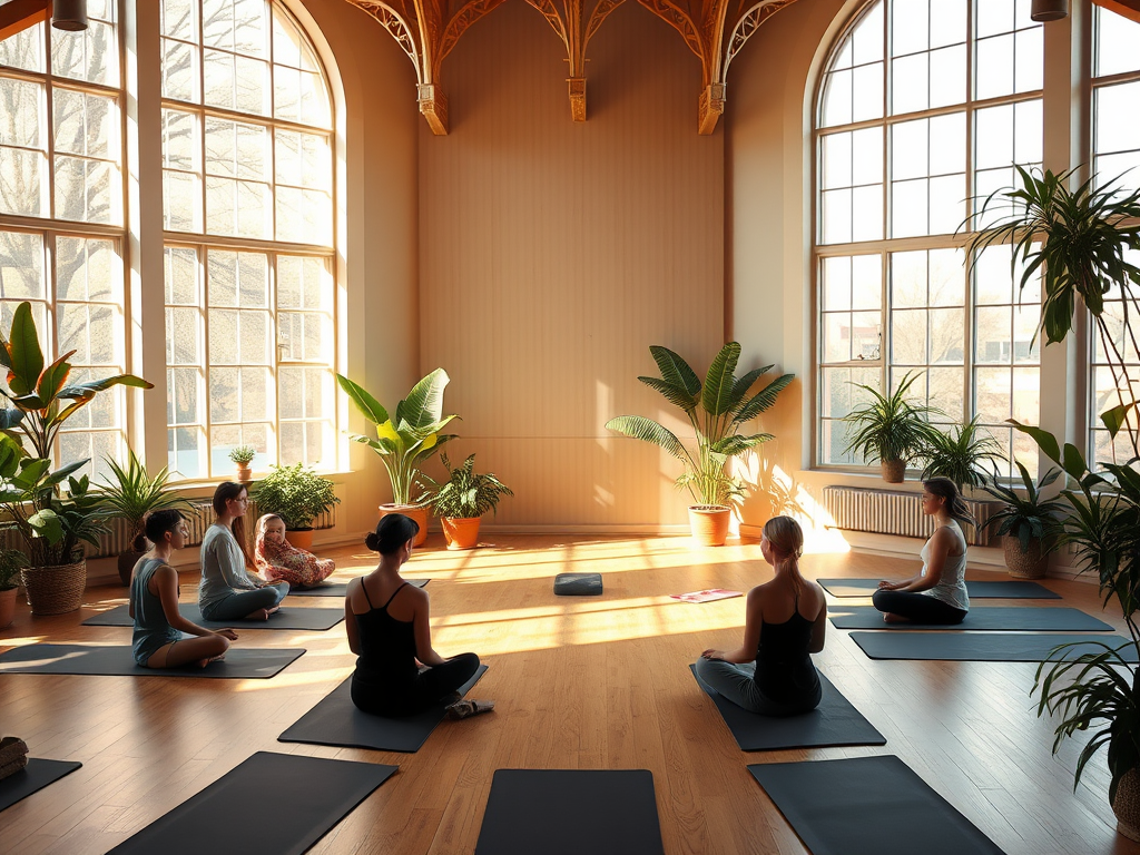 Een serene yogastudio met een groep die ademwerk oefent.