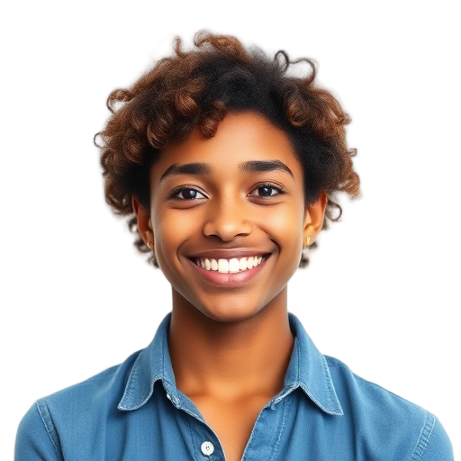 Een persoon die lachend naar de camera kijkt.