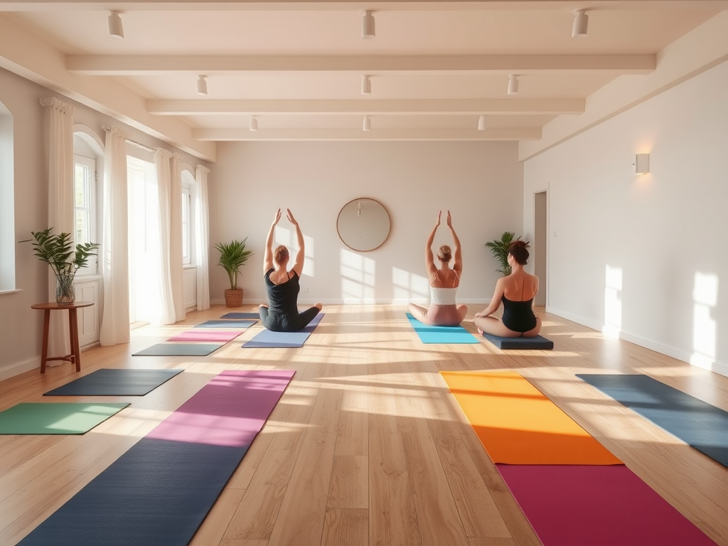 Een serene yogastudio met kleurrijke matten en een rustige sfeer.