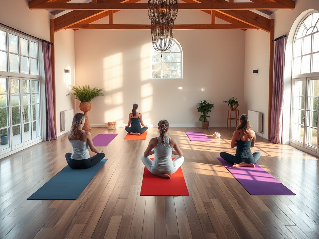 Een serene yogastudio met kleurrijke matten en deelnemers.