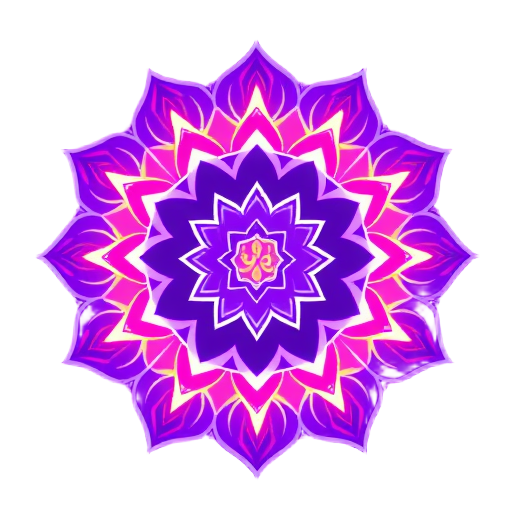 Een levendig mandala-ontwerp in paarstinten met chakra-symbolen.