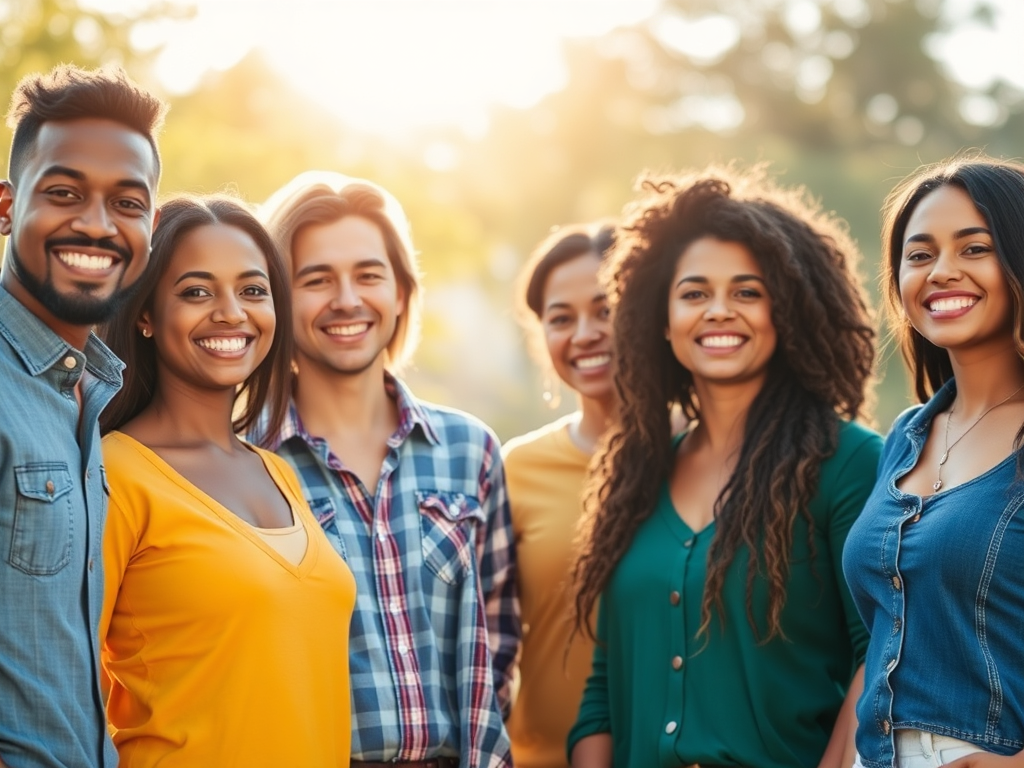 A diverse group of confident people smiling, standing outdoors on a sunny day, vibrant colors, warm light, casual clothing, supportive atmosphere, soft-focus background.