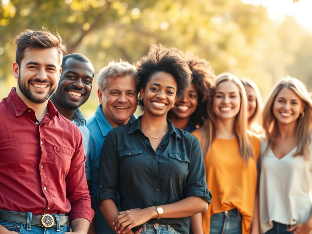 A diverse group of confident people smiling, standing outdoors on a sunny day, vibrant colors, warm light, casual clothing, supportive atmosphere, soft-focus background.