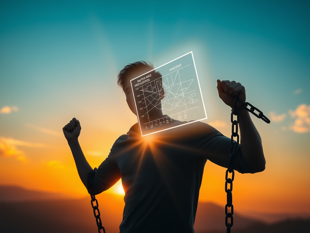 A serene sunrise background with a confident person breaking chains, glowing blueprint floating, soft light beams symbolizing growth and empowerment, digital coaching elements around.