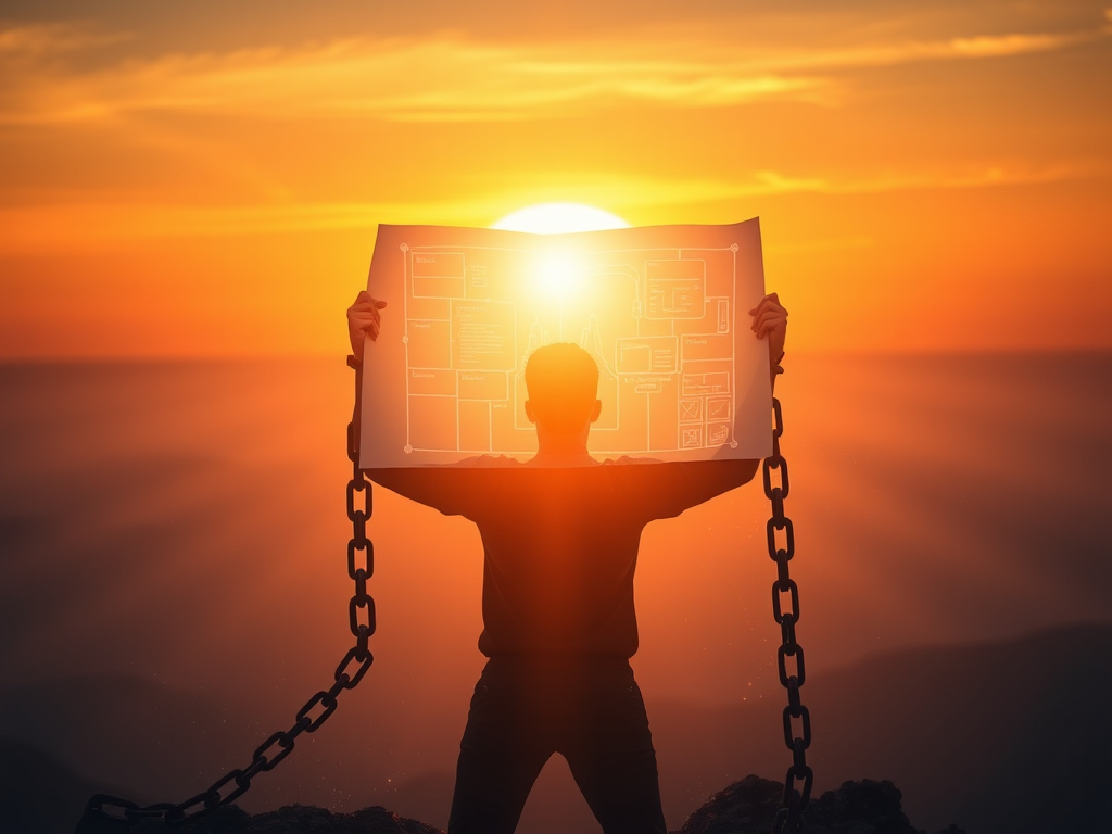 A serene sunrise background with a confident person breaking chains, glowing blueprint floating, soft light beams symbolizing growth and empowerment, digital coaching elements around.