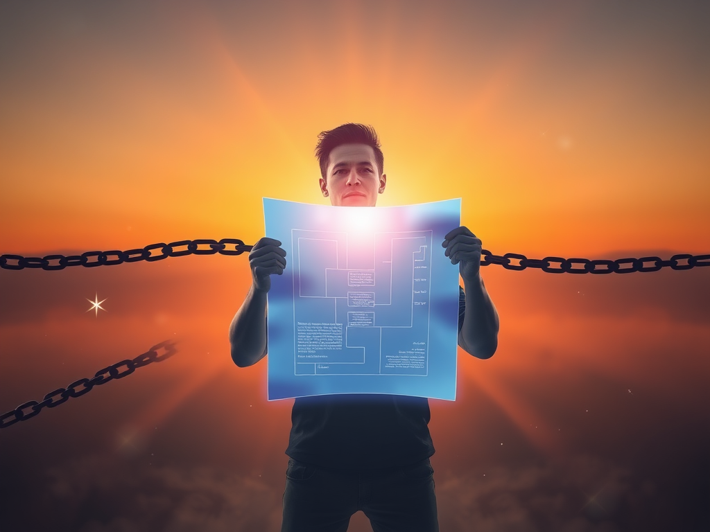 A serene sunrise background with a confident person breaking chains, glowing blueprint floating, soft light beams symbolizing growth and empowerment, digital coaching elements around.