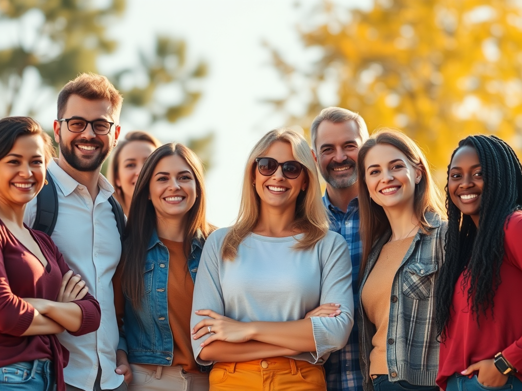 A diverse group of confident people smiling, standing outdoors on a sunny day, vibrant colors, warm light, casual clothing, supportive atmosphere, soft-focus background.
