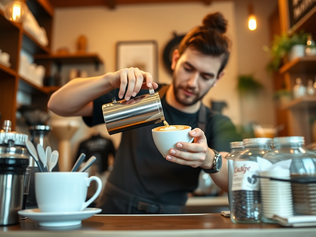 Een barista giet latte-art in een kopje in een koffiehuis.