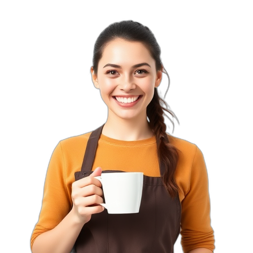 Een glimlachende persoon met een mok koffie.