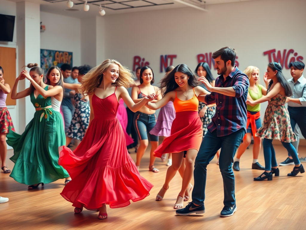 Een levendige salsa dansles met blije tieners in kleurrijke kleding.