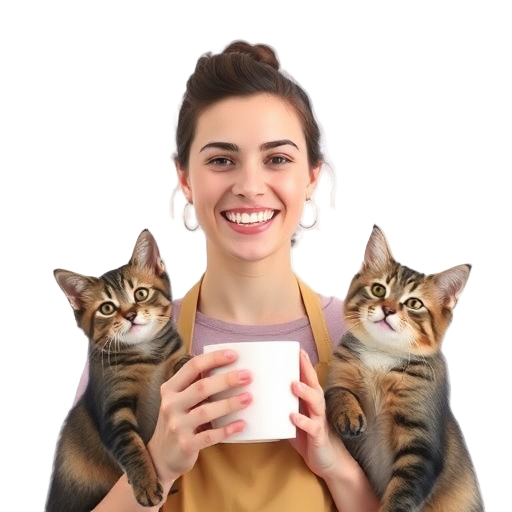 Een persoon met een grote glimlach en twee katten.