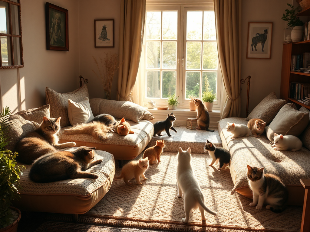 Een gezellige kamer vol katten die loungen op kussens.