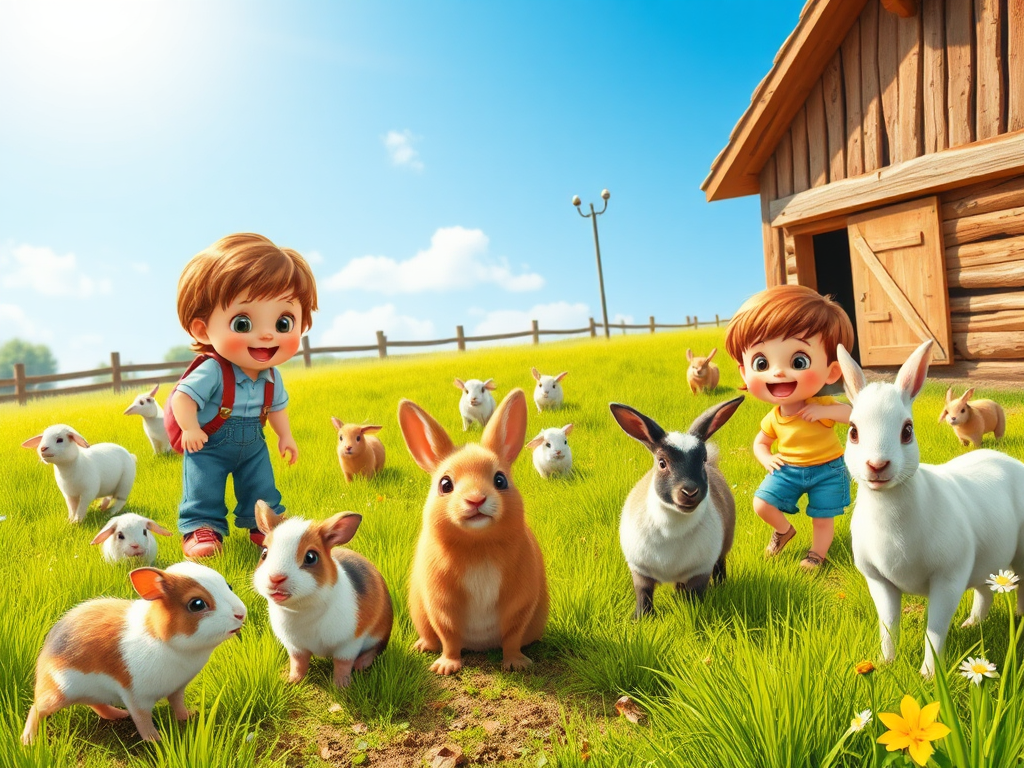 Kinderen spelen vrolijk met schattige dieren op een boerderij.