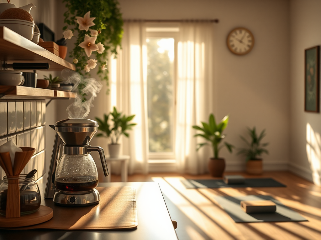 Gezellige keuken met koffiezetter en yogastudio.