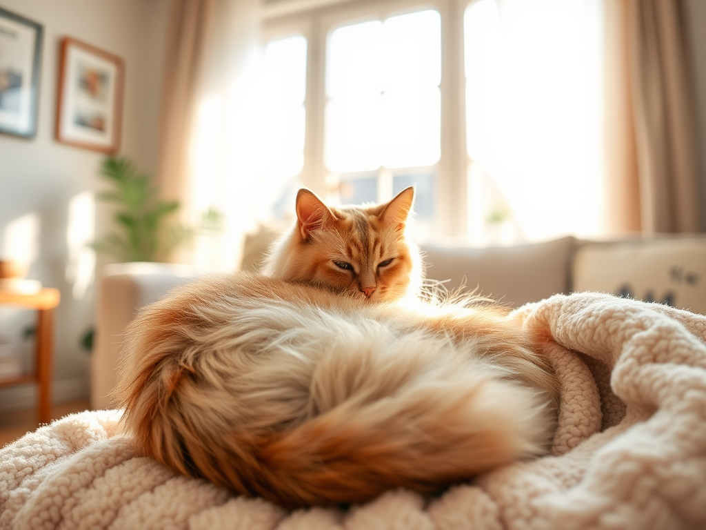 Een gezellige woonkamer met een kat op een deken.