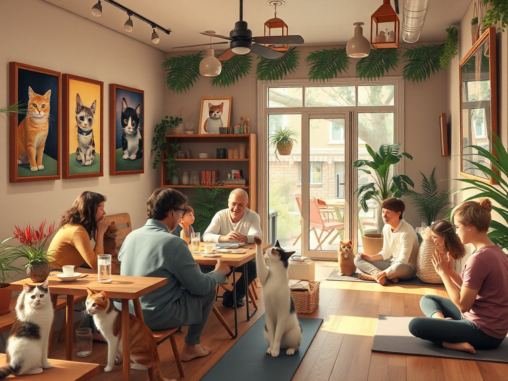 Een gezellig café met speelse katten en gezinnen die genieten.