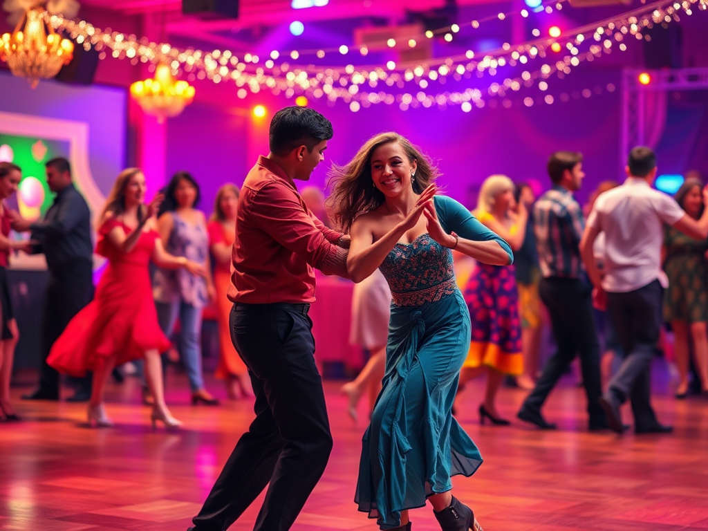 Een levendige salsa dansscene met kleurrijke outfits en blije gezichten.