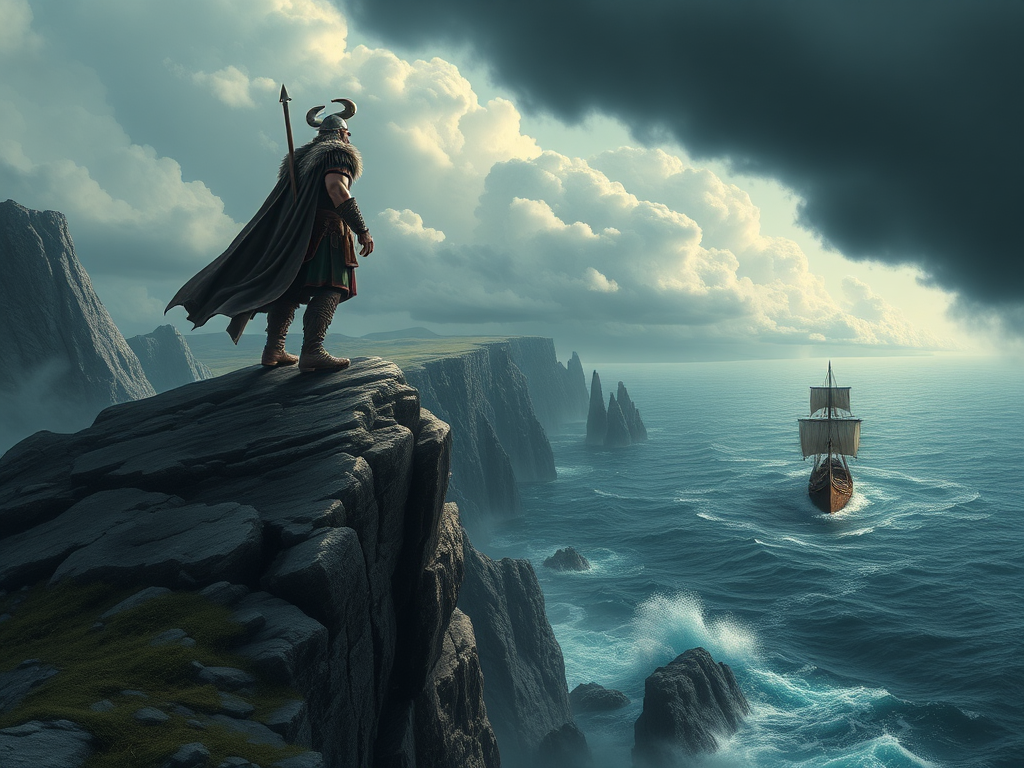 Een Viking krijger op een rotsachtige klif met zee.
