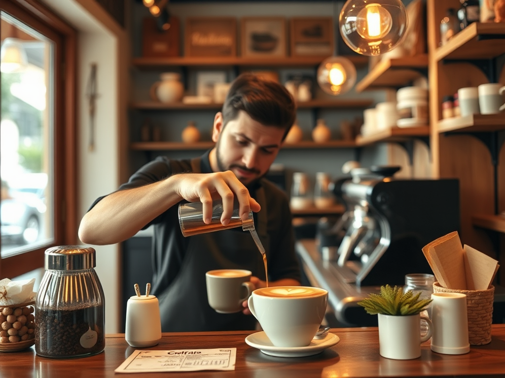 Gezellige koffiebar met barista die latte art maakt.