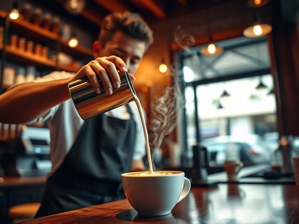 Een gezellige koffiebar met een barista die latte art maakt.