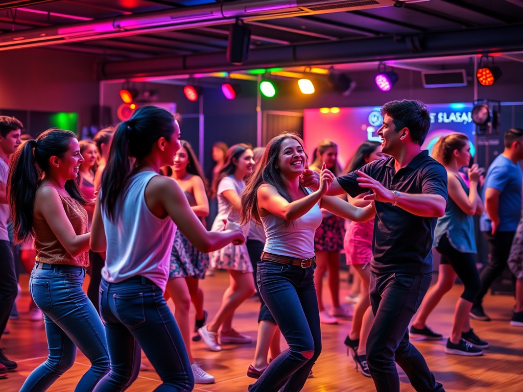 Een levendige salsa dansles met lachende tieners en een instructeur.