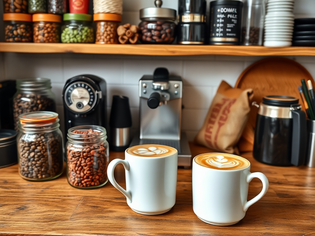 Een gezellige koffiebalk met latte-art en kleurrijke bonen.