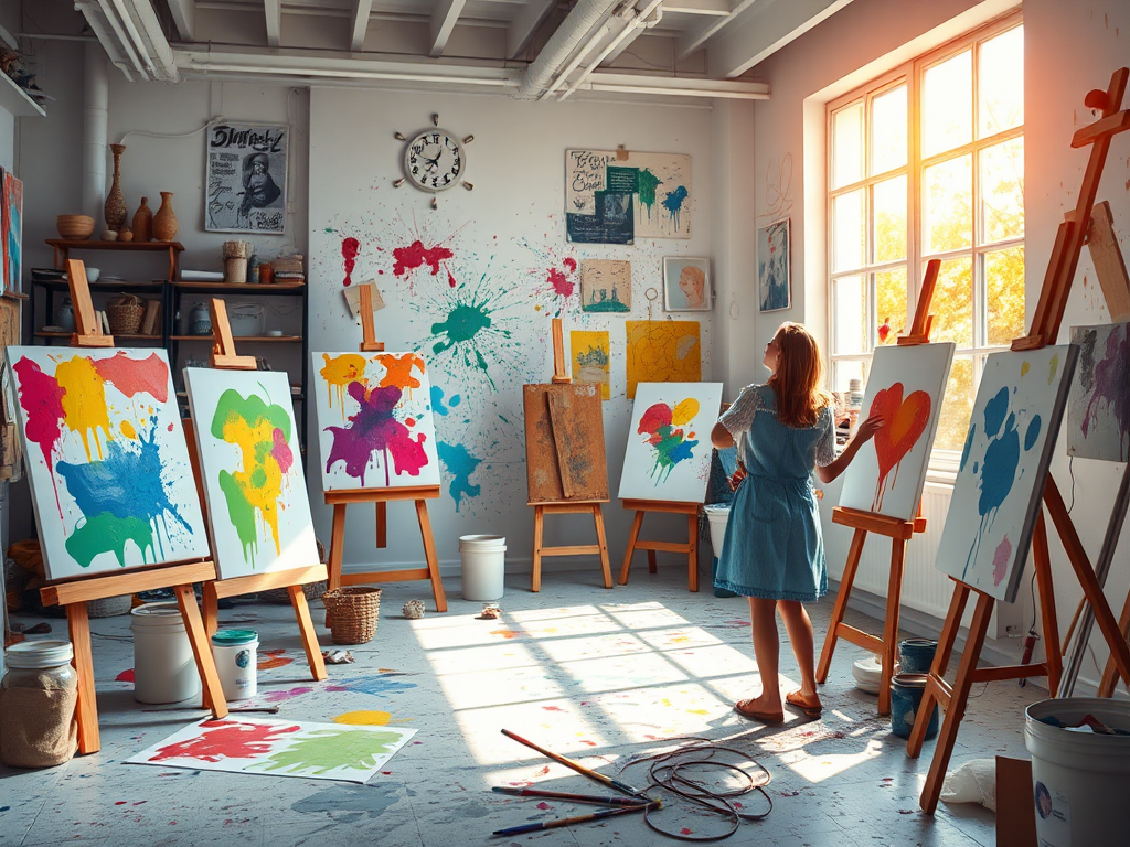 Een levendig kunststudio met verfspetters en een blije kunstenaar.