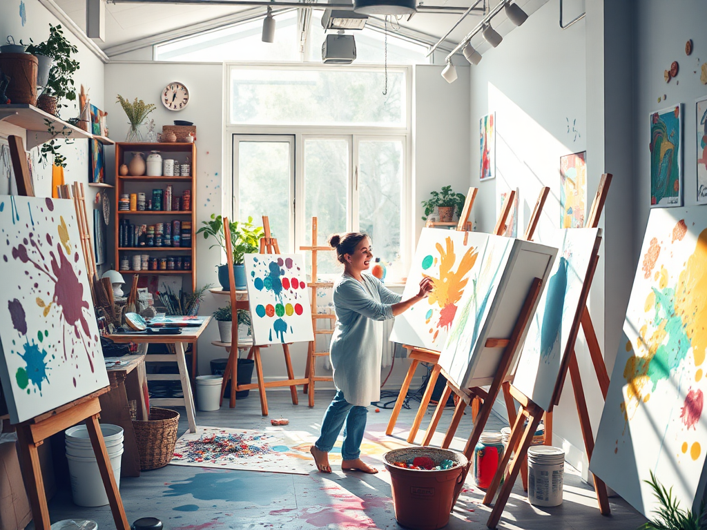 Een artistieke studio met een blije kunstenaar en kleurrijke verf.