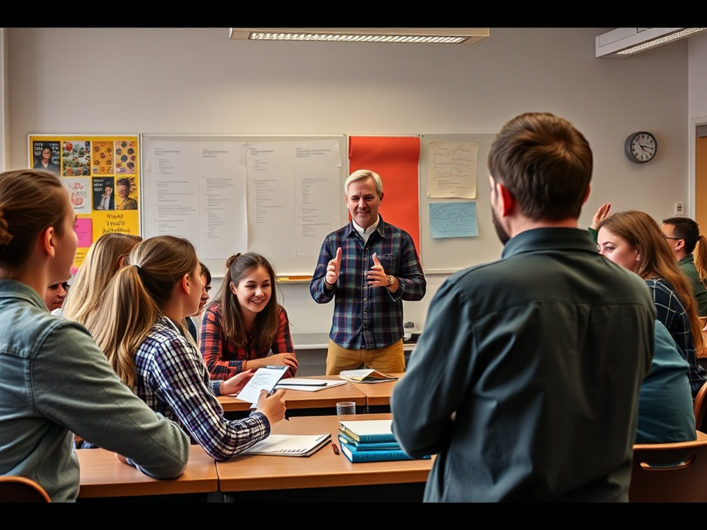 Een levendige klas met enthousiaste tieners in discussie.