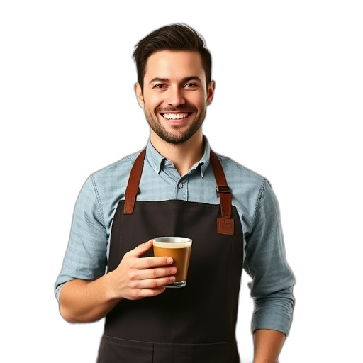 Een lachende persoon met een koffiekopje.