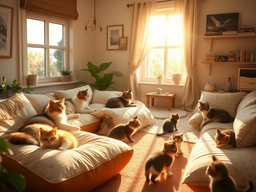 Een gezellige kamer vol katten die op kussens loungen.