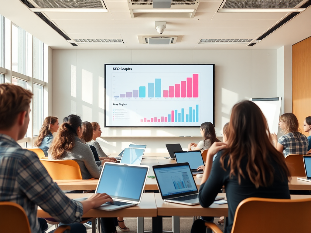Moderne klaslokaal met studenten en SEO-grafieken.