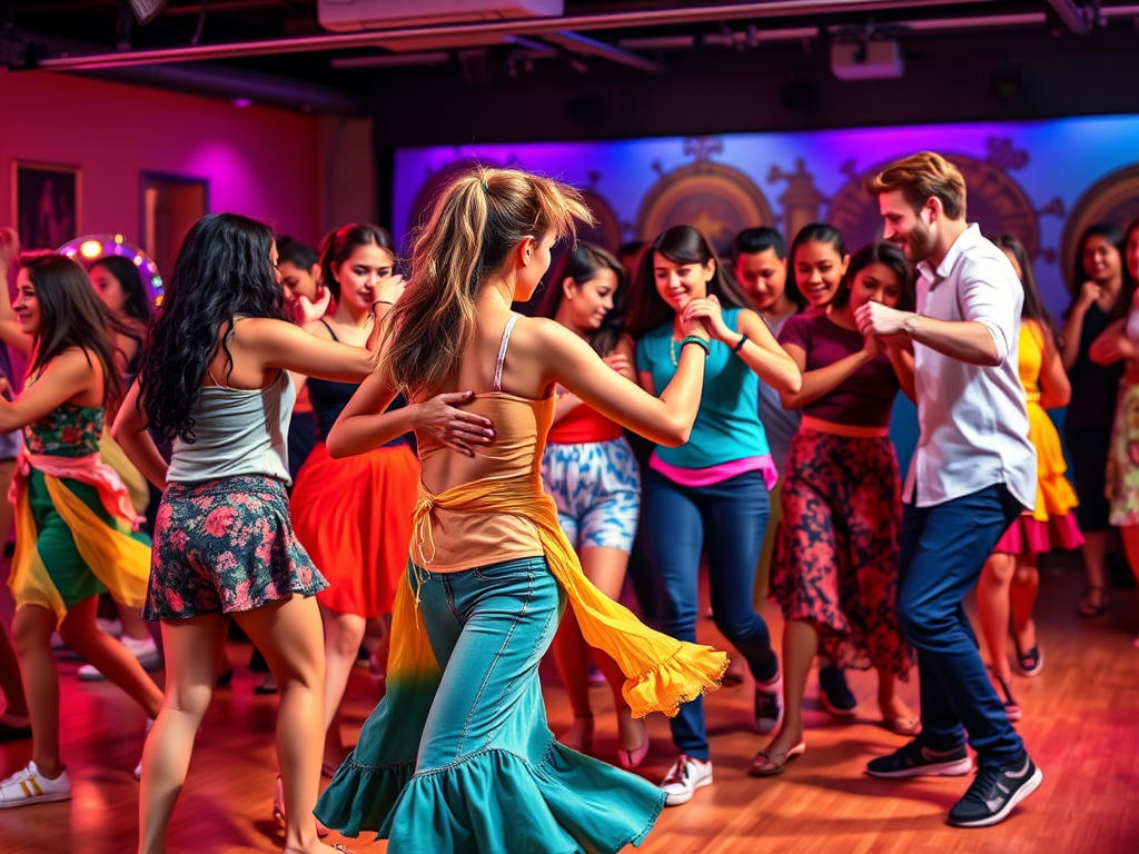 Een levendige salsa dansles met vrolijke tieners in kleurrijke kleding.