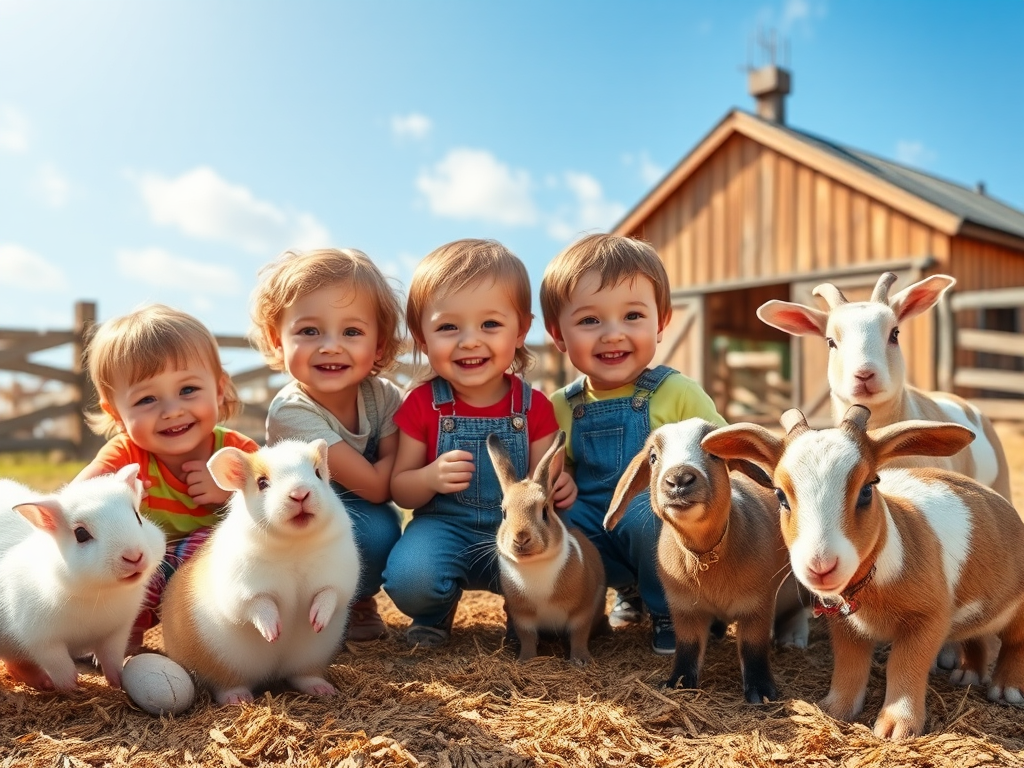 Kinderen spelen met schattige dieren op een boerderij.