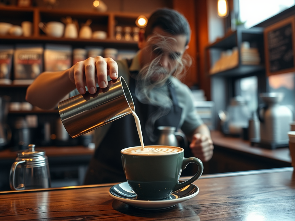 Een gezellige koffieshop met een barista die latte art maakt.
