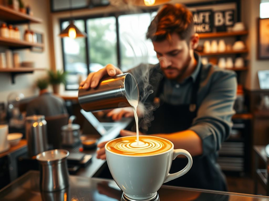 Een gezellige koffiezaak met een barista die latte art maakt.