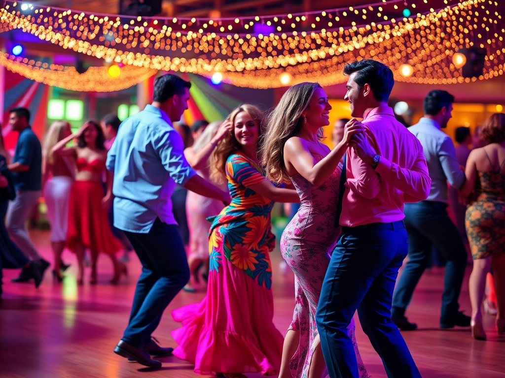 Een levendige salsa dansscène met kleurrijke outfits.