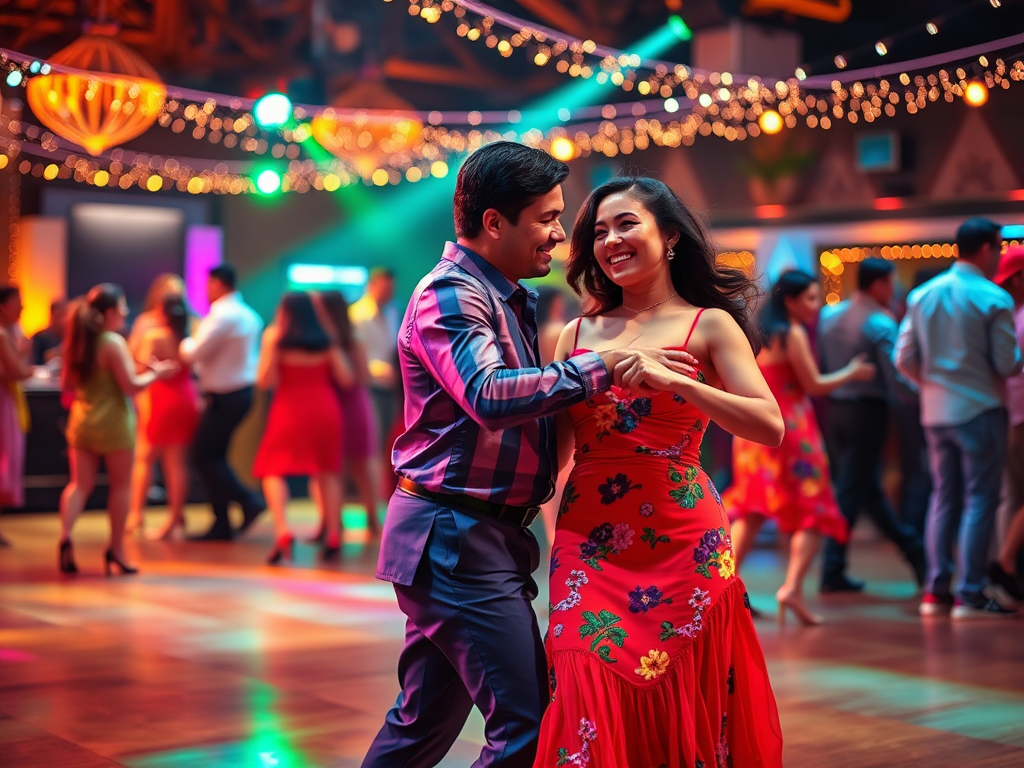 Een levendige salsa dansvloer met kleurrijke outfits.