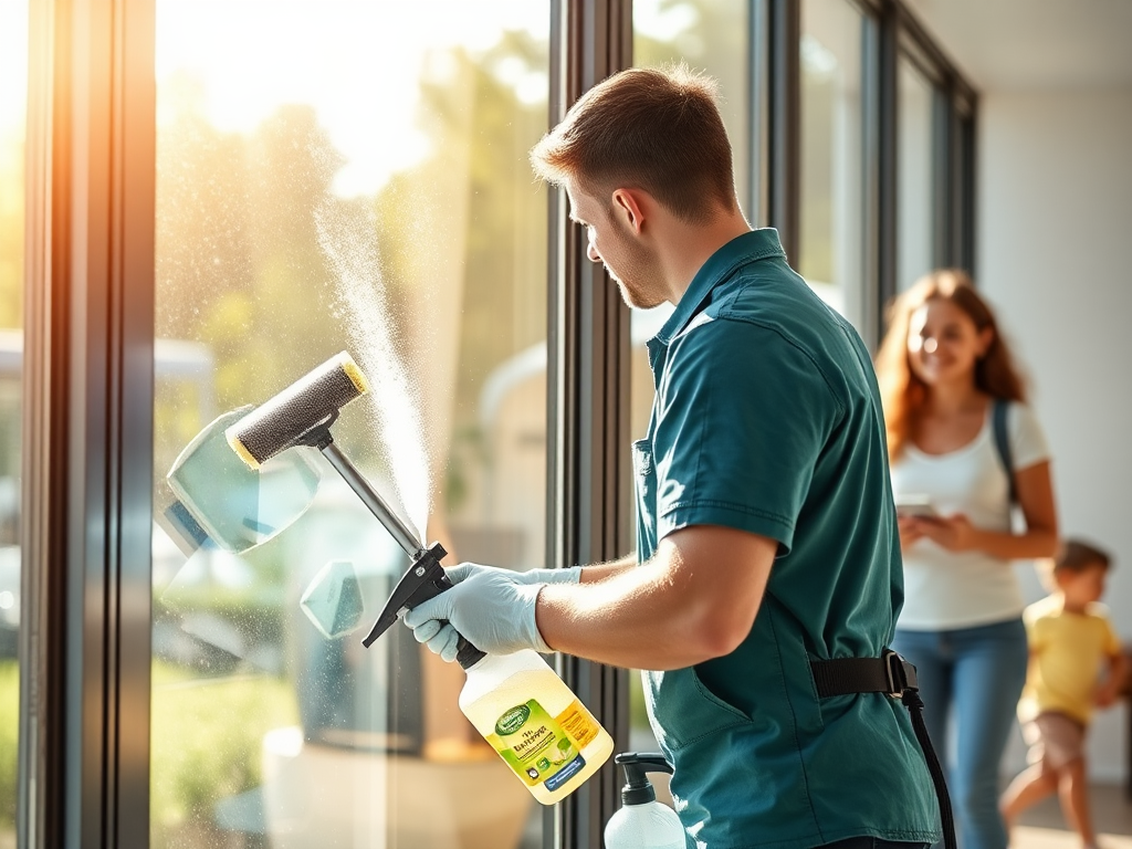 Professionele glazenwasser werkt met eco-vriendelijke producten.