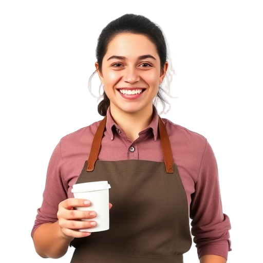 Een lachende persoon met een koffie in de hand.