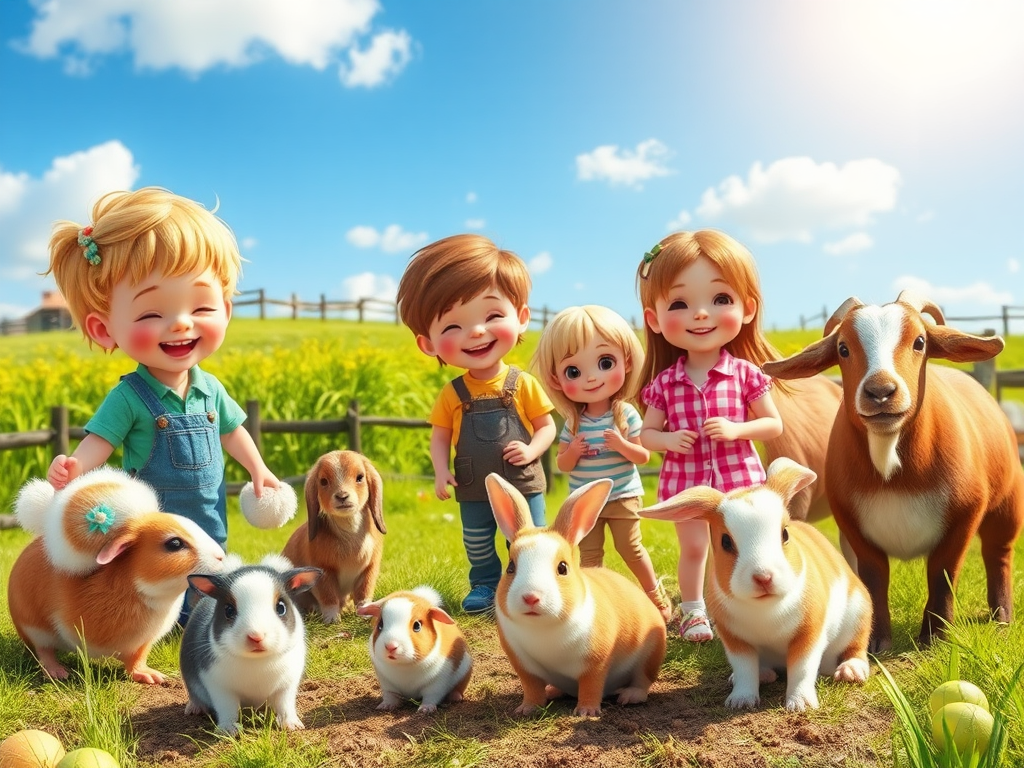 Een levendige boerderij met blije kinderen en dieren.