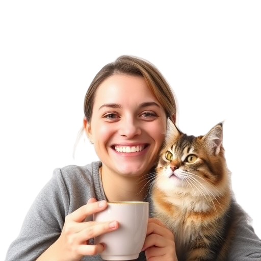 Een lachend persoon met een kat op de schoot.