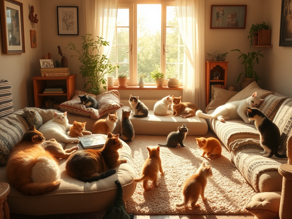Een gezellige kamer vol katten die op kussens liggen.