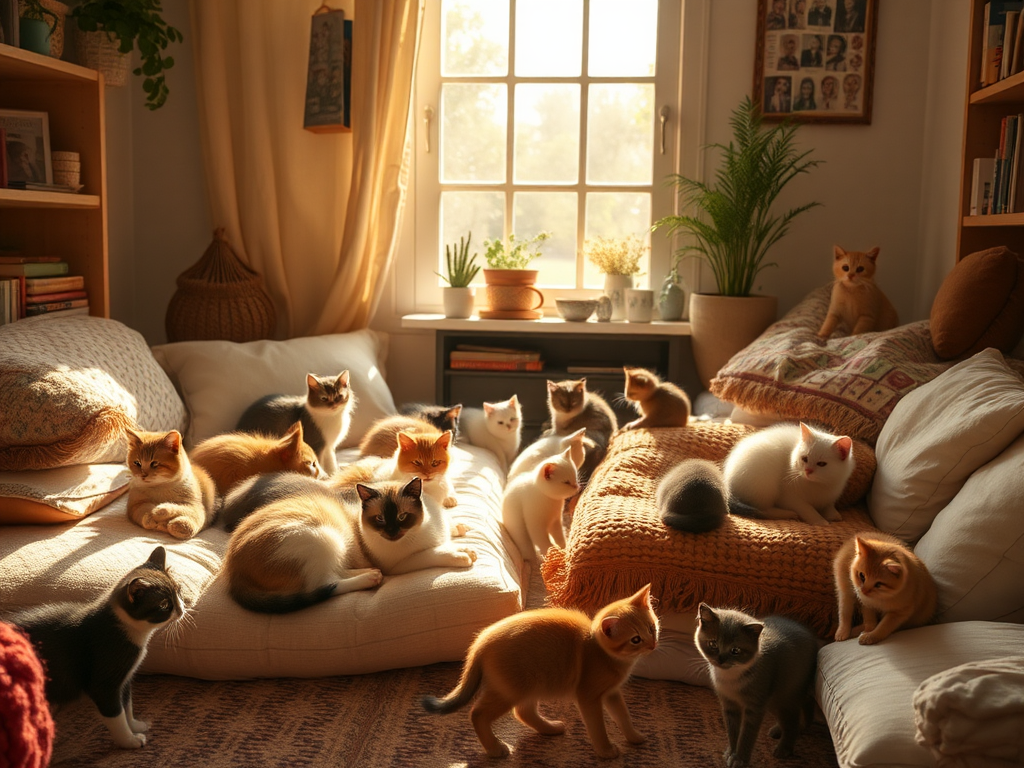Een gezellige kamer vol katten op kussens in zonlicht.