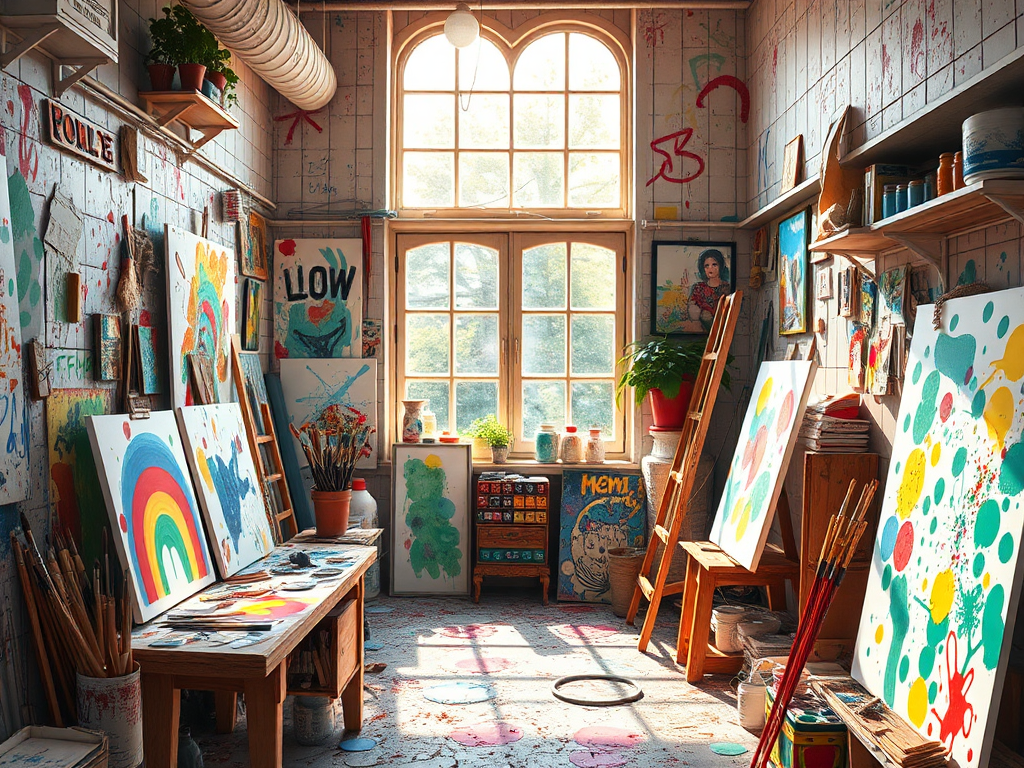 Een levendige kunstenaarsstudio vol verfspetters en kleurrijke doeken.