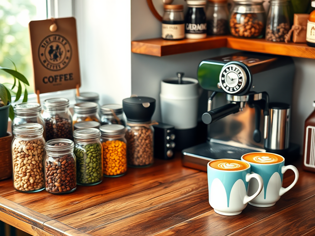 Een gezellige koffiebar met een houten aanrecht en latte art.