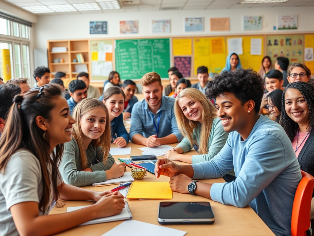 Een levendige klas vol enthousiaste tieners die samenwerken.