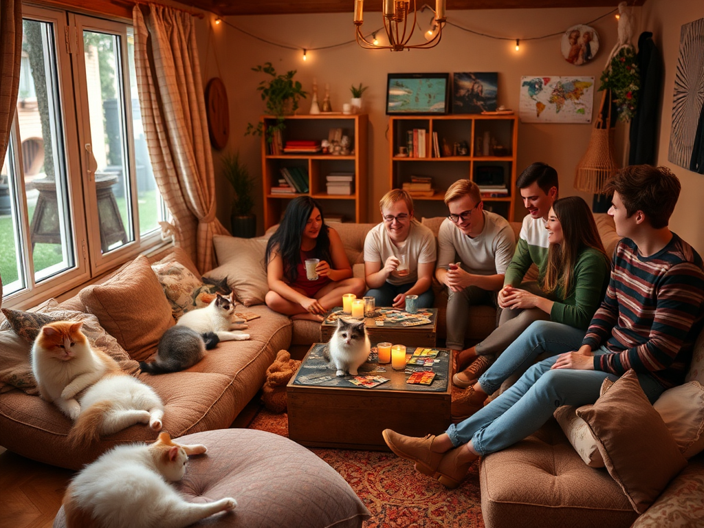 Gezellige kamer met katten en spelende mensen.
