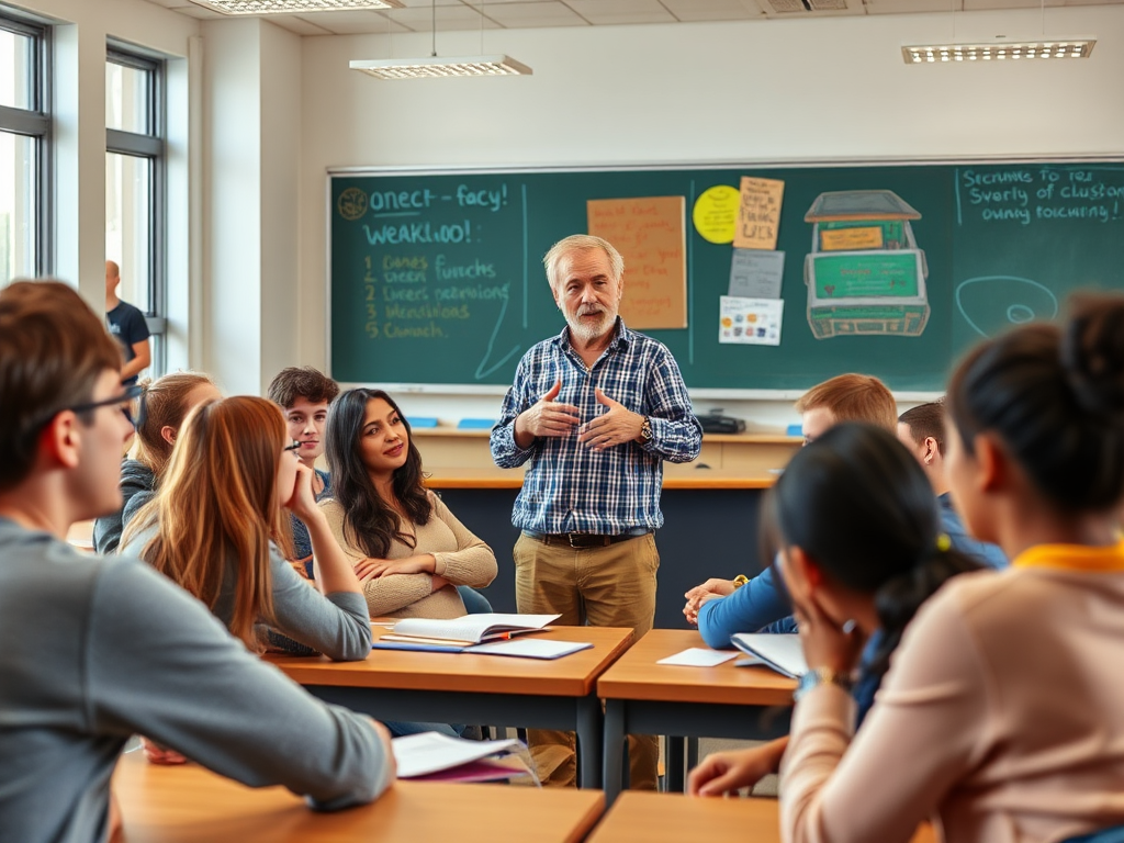 Een levendige klas met enthousiaste tieners in discussie.